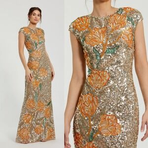 Mac Duggal Sequin Floral Maxi Dress in Gold and Orange